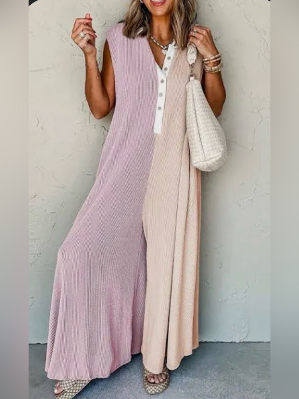 Sleeveless Two-Tone Ribbed Jumpsuit - Pink & Tan